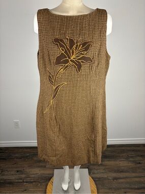 Cider Brown Houndstooth Floral Applique Mini Dress Boat Neck Retro Y2K NWT 1XL